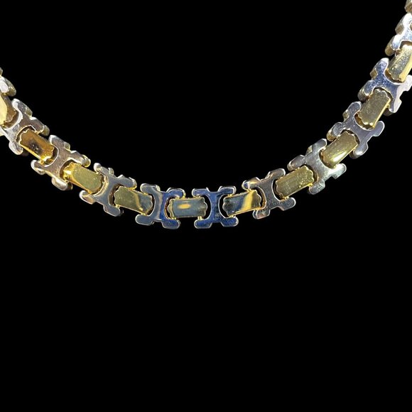 Vintage Two Tone Gold Silver Link Necklace Earrings Set Modern Retro Statement - Picture 3 of 10